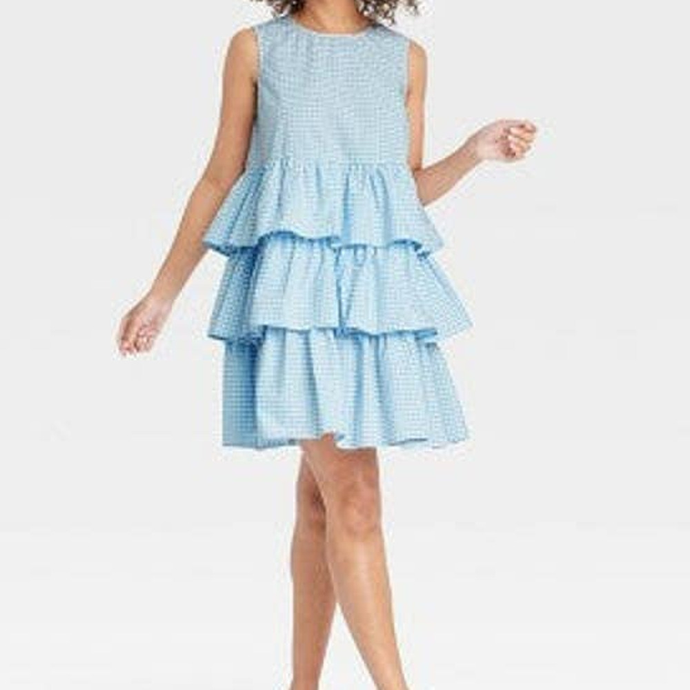 Who What Wear Blue White Gingham Check Sleeveless Tiered Ruffle Dress XS